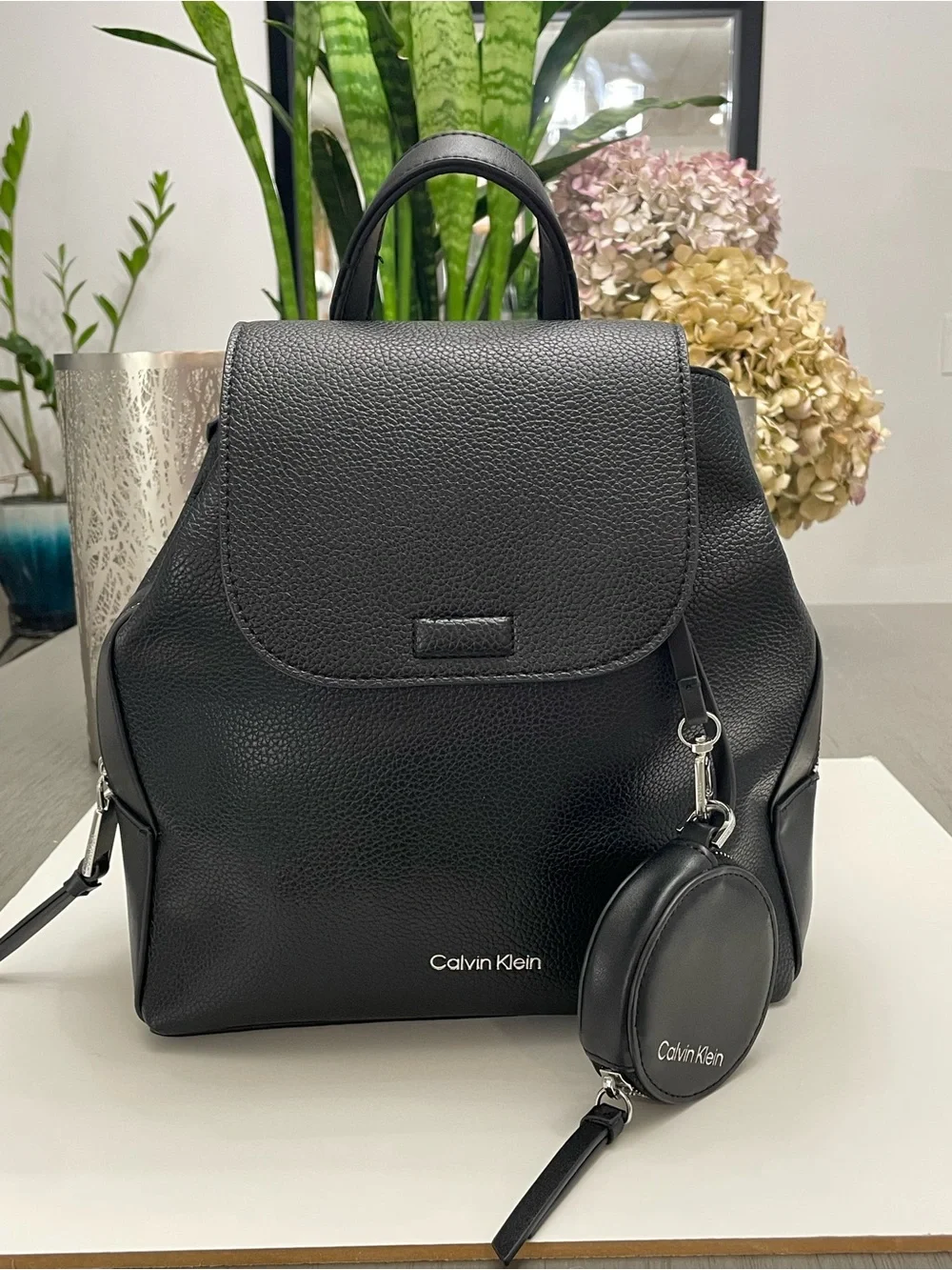 Calvin Klein Black Pebbled Leather Backpack with Detachable Coin Pouch